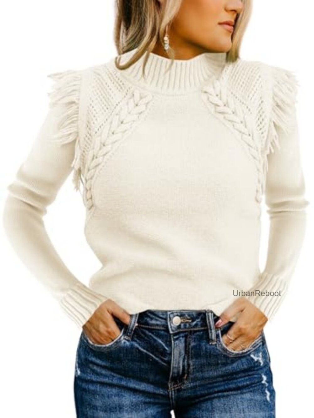 Cable Knit Mock Neck Fringe Long Sleeve Slim Fit Pullover Sweater